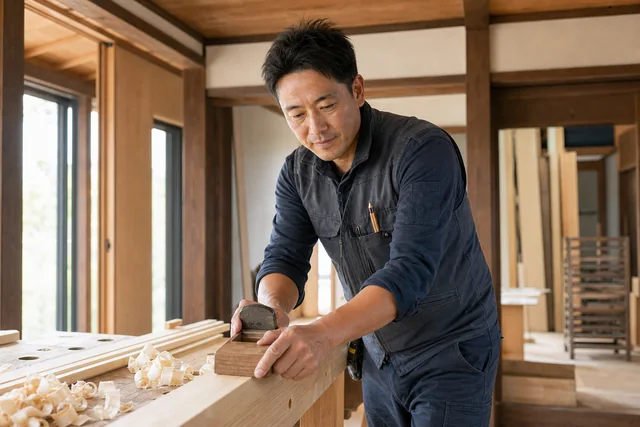 鉋で木材を仕上げる大工職人 小林