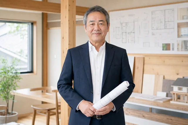 住宅図面を持つ代表取締役 田中